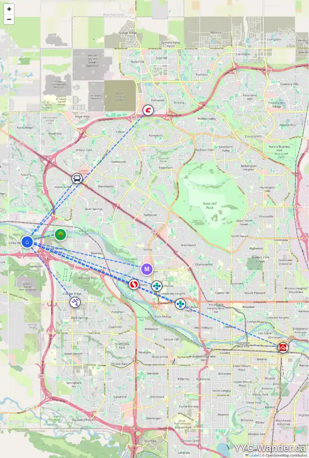 Daily accessibility map for 10939 VALLEY SPRINGS RD NW, Calgary showing nearby schools, grocery stores, parks, LRT stations and nearby amenities