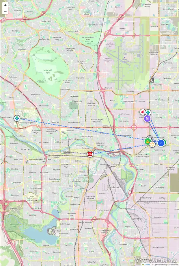 Daily accessibility map for 86 MARWOOD CI NE, Calgary showing nearby schools, grocery stores, parks, LRT stations and nearby amenities