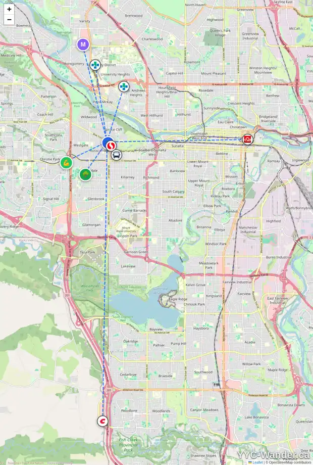Daily accessibility map for 902 38 ST SW, Calgary showing nearby schools, grocery stores, parks, LRT stations and nearby amenities