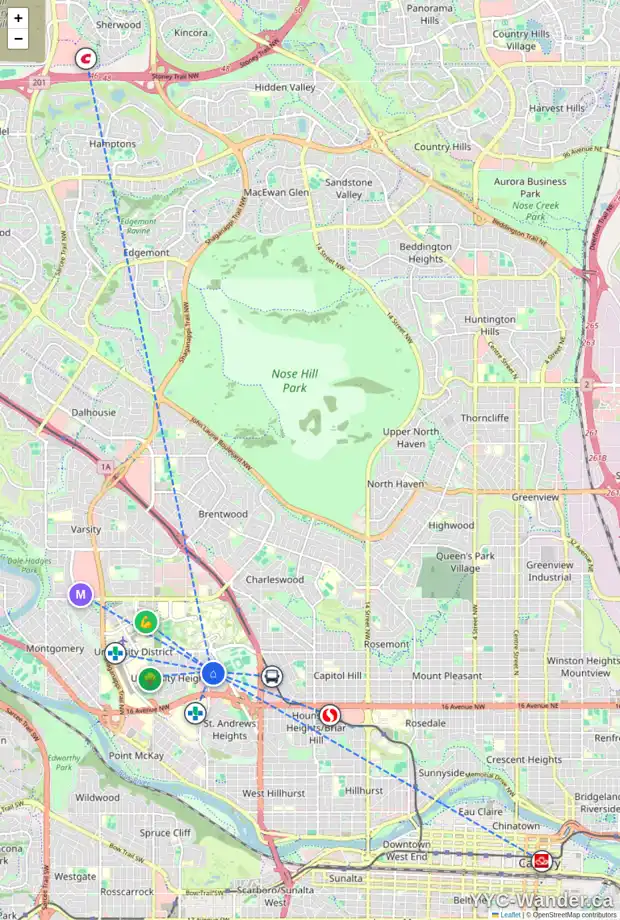 Daily accessibility map for 2922 UNWIN RD NW, Calgary showing nearby schools, grocery stores, parks, LRT stations and nearby amenities