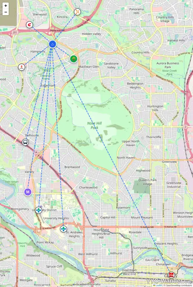 Daily accessibility map for 67 HAMPTONS HT NW, Calgary showing nearby schools, grocery stores, parks, LRT stations and nearby amenities