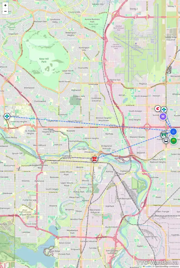 Daily accessibility map for 4112 13 AV NE, Calgary showing nearby schools, grocery stores, parks, LRT stations and nearby amenities