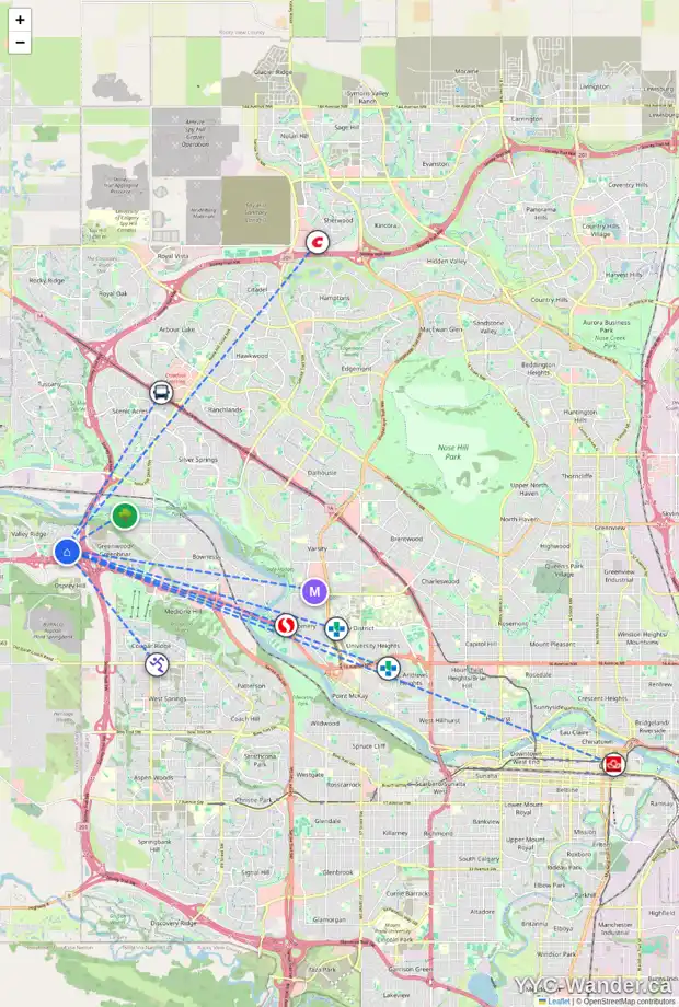 Daily accessibility map for 139 VALLEY BROOK CO NW, Calgary showing nearby schools, grocery stores, parks, LRT stations and nearby amenities