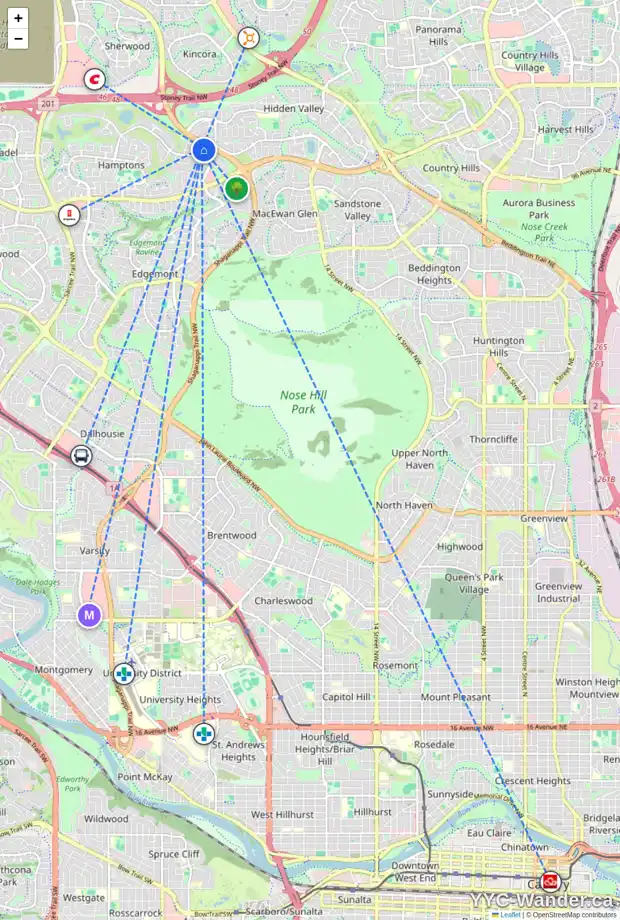 Daily accessibility map for 102 HAMPSTEAD TC NW, Calgary showing nearby schools, grocery stores, parks, LRT stations and nearby amenities