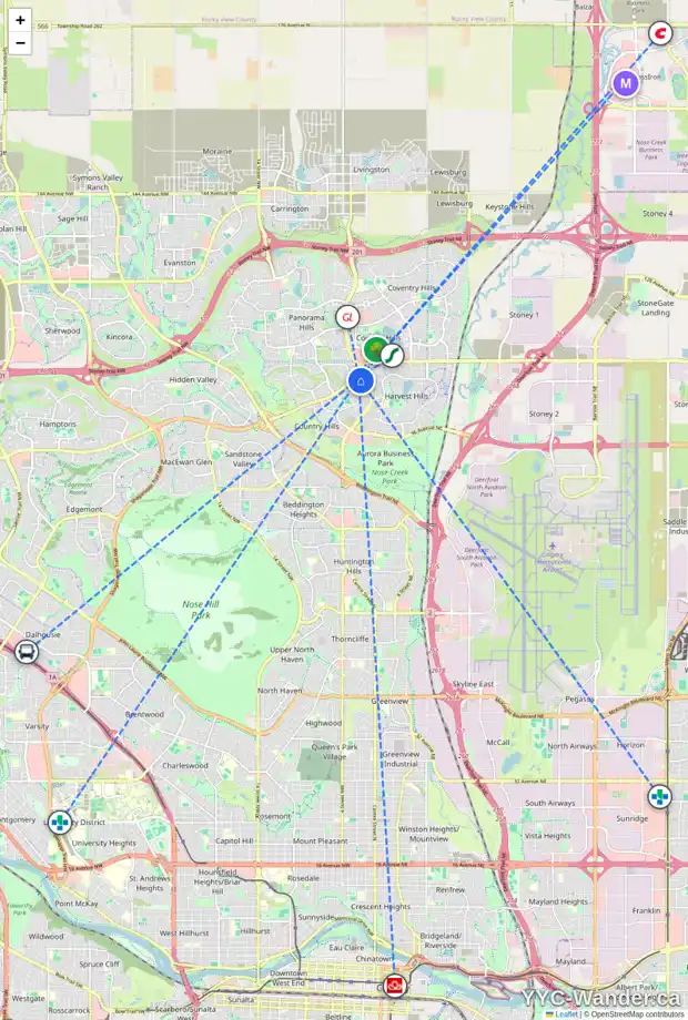 Daily accessibility map for 11 COUNTRY HILLS RI NW, Calgary showing nearby schools, grocery stores, parks, LRT stations and nearby amenities