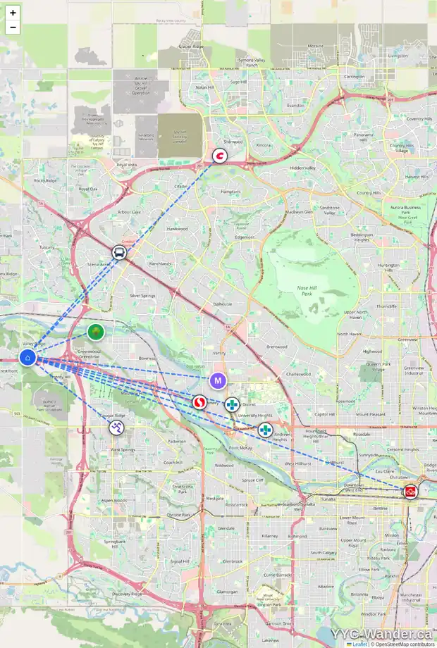 Daily accessibility map for 111 VALLEY PONDS CR NW, Calgary showing nearby schools, grocery stores, parks, LRT stations and nearby amenities