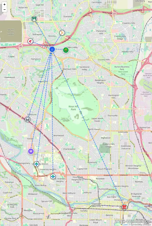 Daily accessibility map for 320 HIDDEN HILLS PL NW, Calgary showing nearby schools, grocery stores, parks, LRT stations and nearby amenities