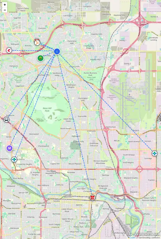 Daily accessibility map for 53 HIDDEN CREEK PA NW, Calgary showing nearby schools, grocery stores, parks, LRT stations and nearby amenities