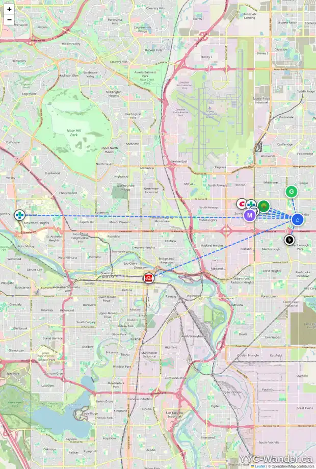 Daily accessibility map for 5808 22 AV NE, Calgary showing nearby schools, grocery stores, parks, LRT stations and nearby amenities