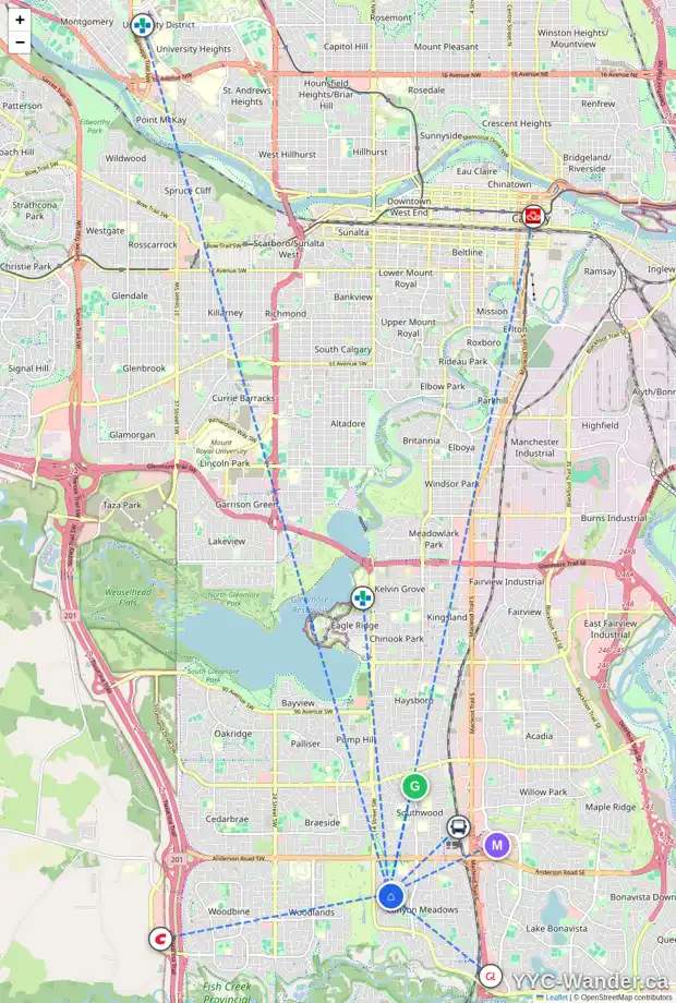 Daily accessibility map for 215 CANOVA PL SW, Calgary showing nearby schools, grocery stores, parks, LRT stations and nearby amenities