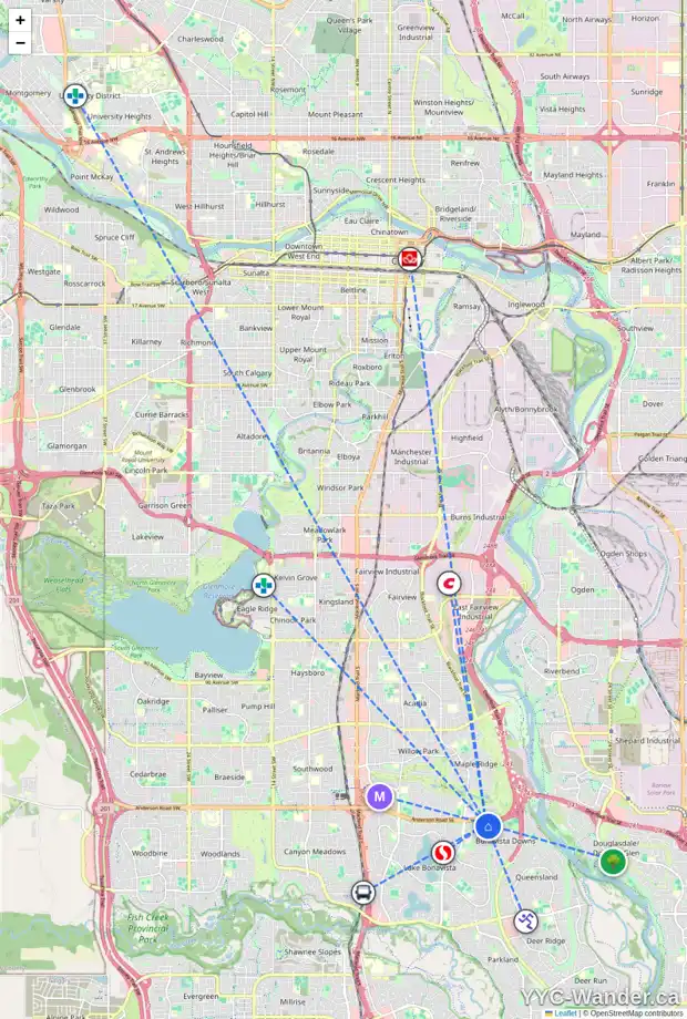 Daily accessibility map for 26 LAKE HURON PL SE, Calgary showing nearby schools, grocery stores, parks, LRT stations and nearby amenities