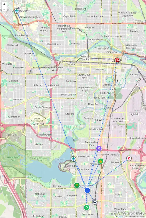 Daily accessibility map for 9415 ELBOW DR SW, Calgary showing nearby schools, grocery stores, parks, LRT stations and nearby amenities