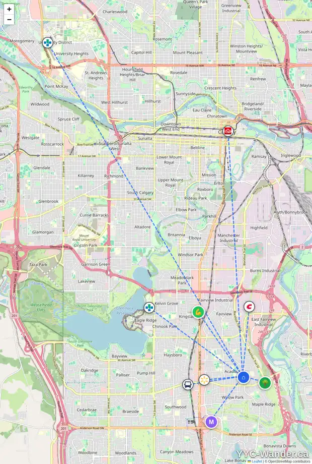 Daily accessibility map for 9616 ASSINIBOINE RD SE, Calgary showing nearby schools, grocery stores, parks, LRT stations and nearby amenities