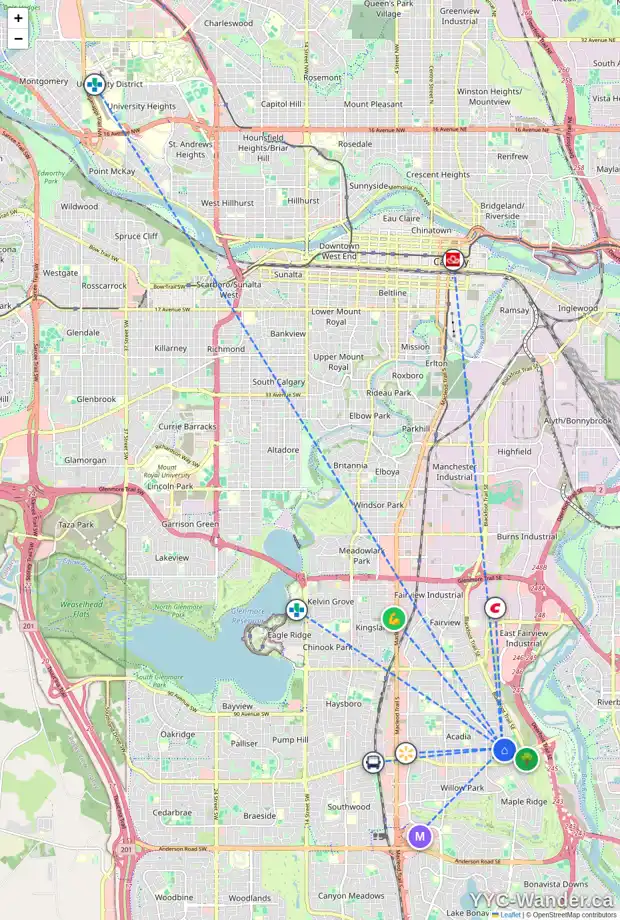 Daily accessibility map for 9632 ACADEMY DR SE, Calgary showing nearby schools, grocery stores, parks, LRT stations and nearby amenities