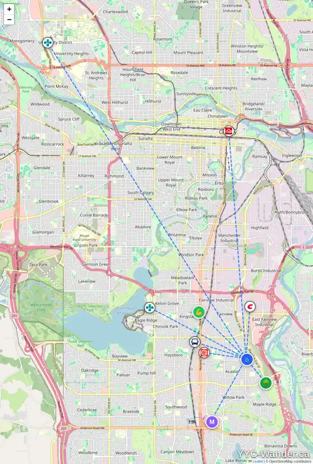Daily accessibility map for 704 ALLANDALE RD SE, Calgary showing nearby schools, grocery stores, parks, LRT stations and nearby amenities
