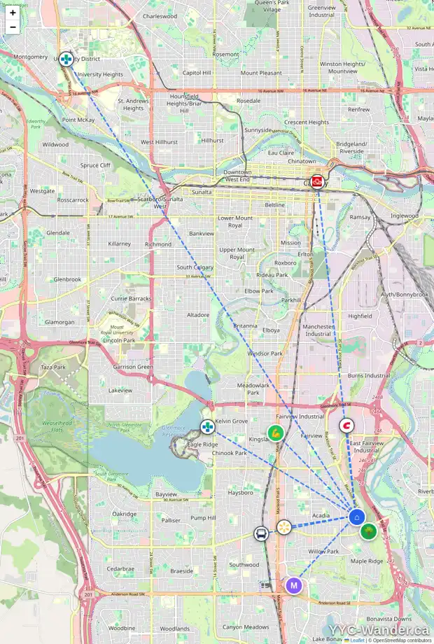 Daily accessibility map for 9503 ACADEMY DR SE, Calgary showing nearby schools, grocery stores, parks, LRT stations and nearby amenities