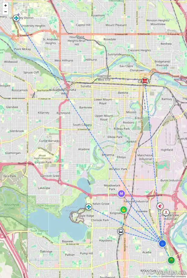 Daily accessibility map for 912 AVONLEA PL SE, Calgary showing nearby schools, grocery stores, parks, LRT stations and nearby amenities