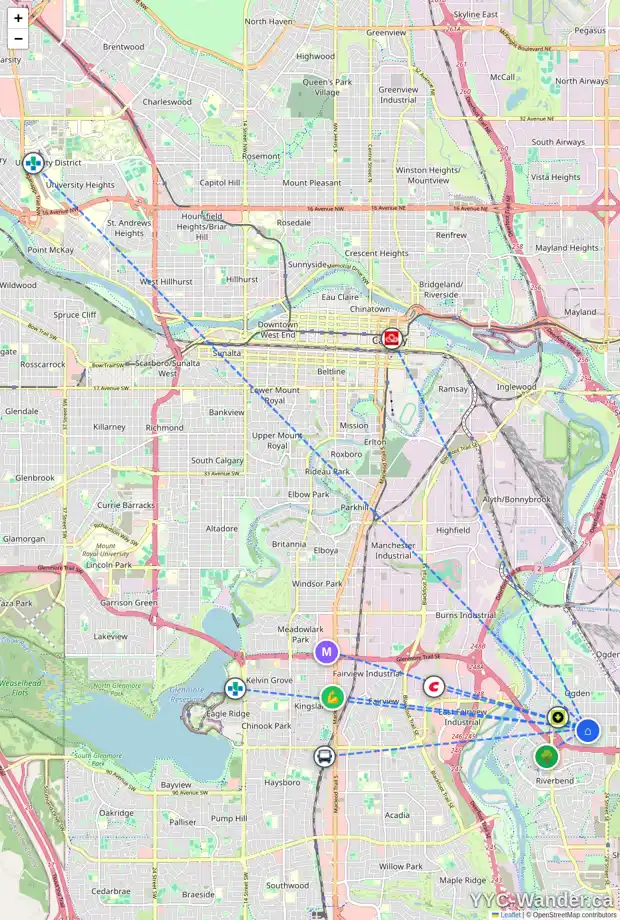 Daily accessibility map for 7816 21A ST SE, Calgary showing nearby schools, grocery stores, parks, LRT stations and nearby amenities