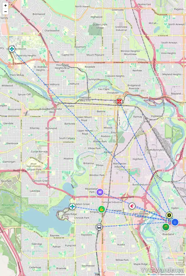 Daily accessibility map for 8008 20A ST SE, Calgary showing nearby schools, grocery stores, parks, LRT stations and nearby amenities