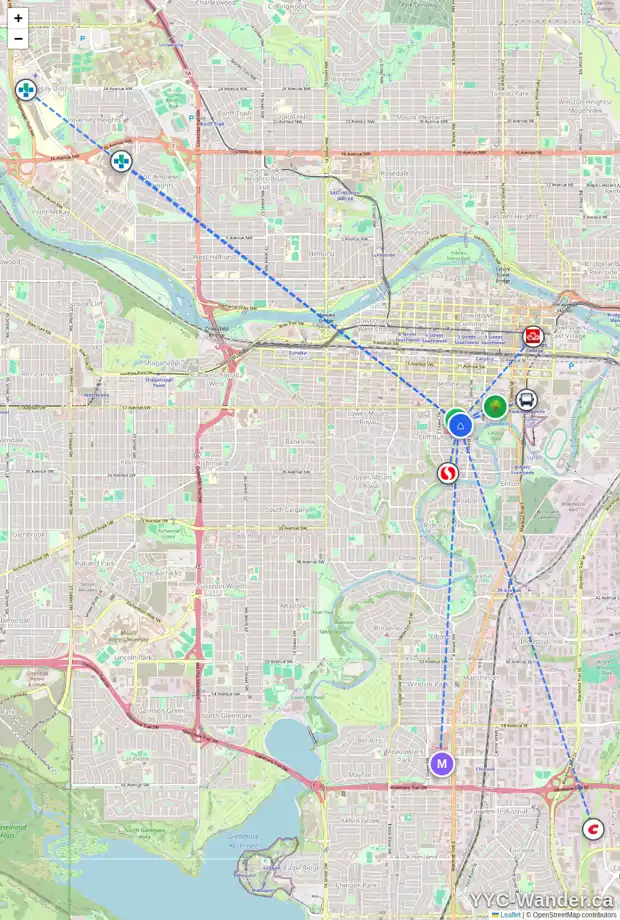 Daily accessibility map for 333 19 AV SW, Calgary showing nearby schools, grocery stores, parks, LRT stations and nearby amenities