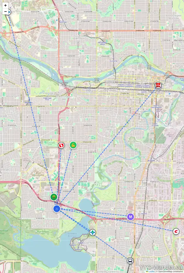 Daily accessibility map for 6215 LACOMBE WY SW, Calgary showing nearby schools, grocery stores, parks, LRT stations and nearby amenities