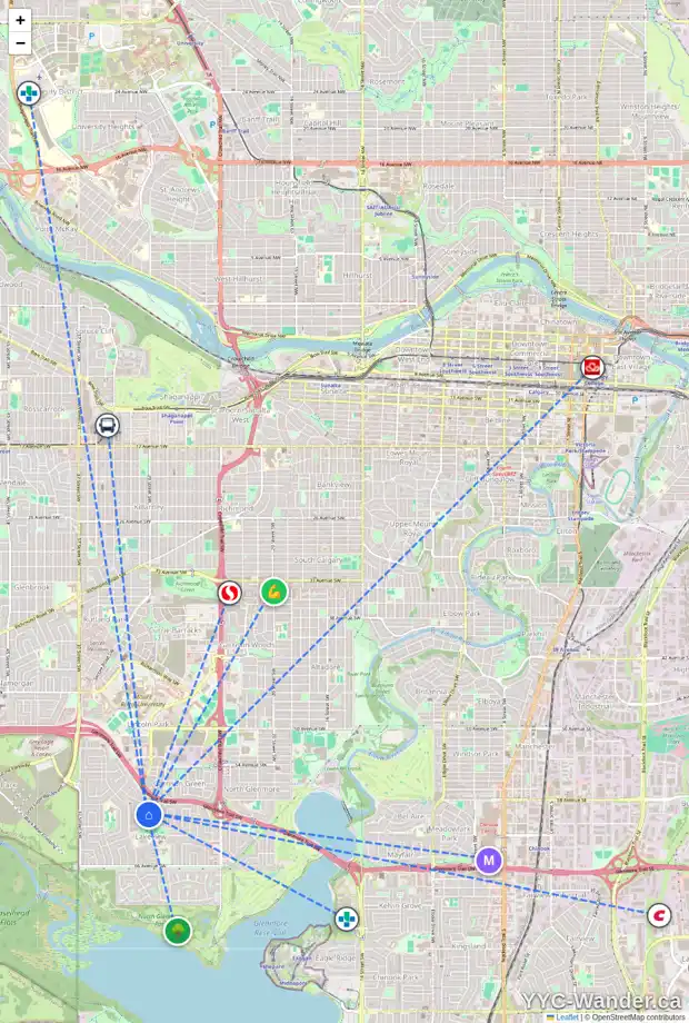 Daily accessibility map for 3416 LANE CR SW, Calgary showing nearby schools, grocery stores, parks, LRT stations and nearby amenities