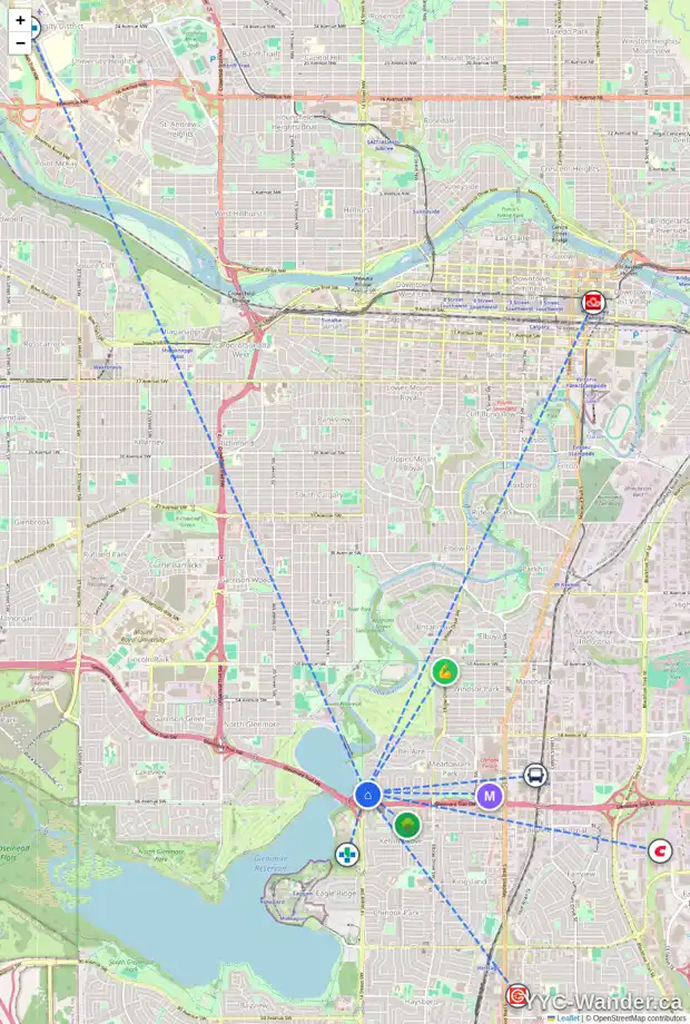 Daily accessibility map for 91 MASSEY PL SW, Calgary showing nearby schools, grocery stores, parks, LRT stations and nearby amenities