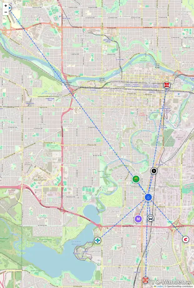 Daily accessibility map for 5512 2 ST SW, Calgary showing nearby schools, grocery stores, parks, LRT stations and nearby amenities