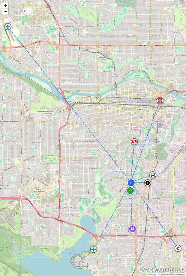 Daily accessibility map for 4520 5 ST SW, Calgary showing nearby schools, grocery stores, parks, LRT stations and nearby amenities