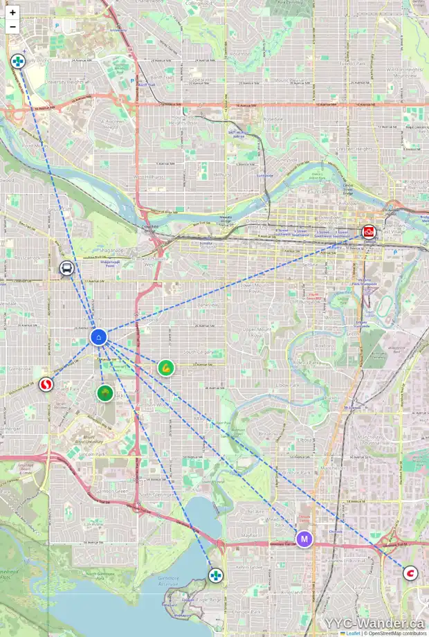Daily accessibility map for 2835 28 ST SW, Calgary showing nearby schools, grocery stores, parks, LRT stations and nearby amenities