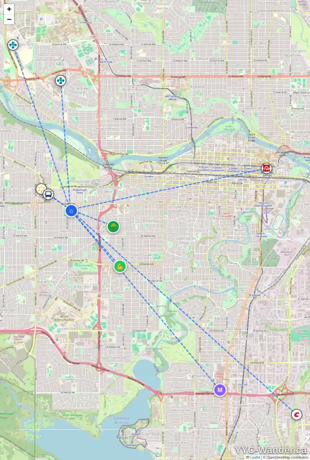 Daily accessibility map for 102 1937 28 ST SW, Calgary showing nearby schools, grocery stores, parks, LRT stations and nearby amenities
