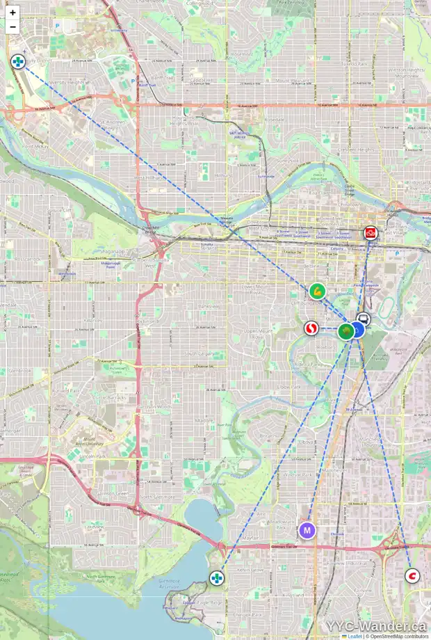 Daily accessibility map for 33 25 AV SW, Calgary showing nearby schools, grocery stores, parks, LRT stations and nearby amenities