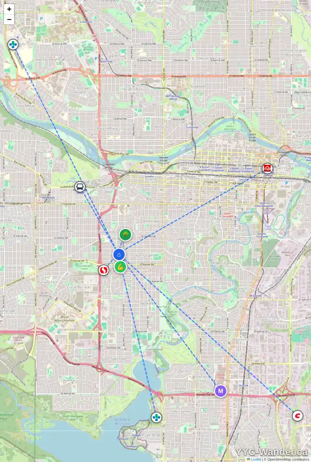 Daily accessibility map for 2131 30 AV SW, Calgary showing nearby schools, grocery stores, parks, LRT stations and nearby amenities