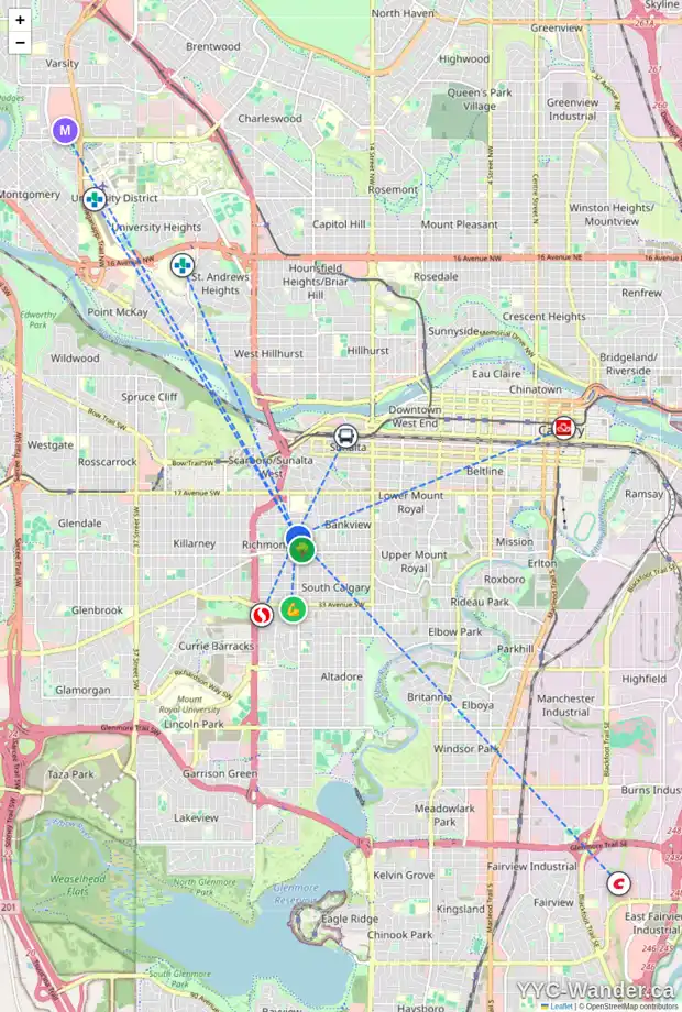 Daily accessibility map for 2510 21 ST SW, Calgary showing nearby schools, grocery stores, parks, LRT stations and nearby amenities