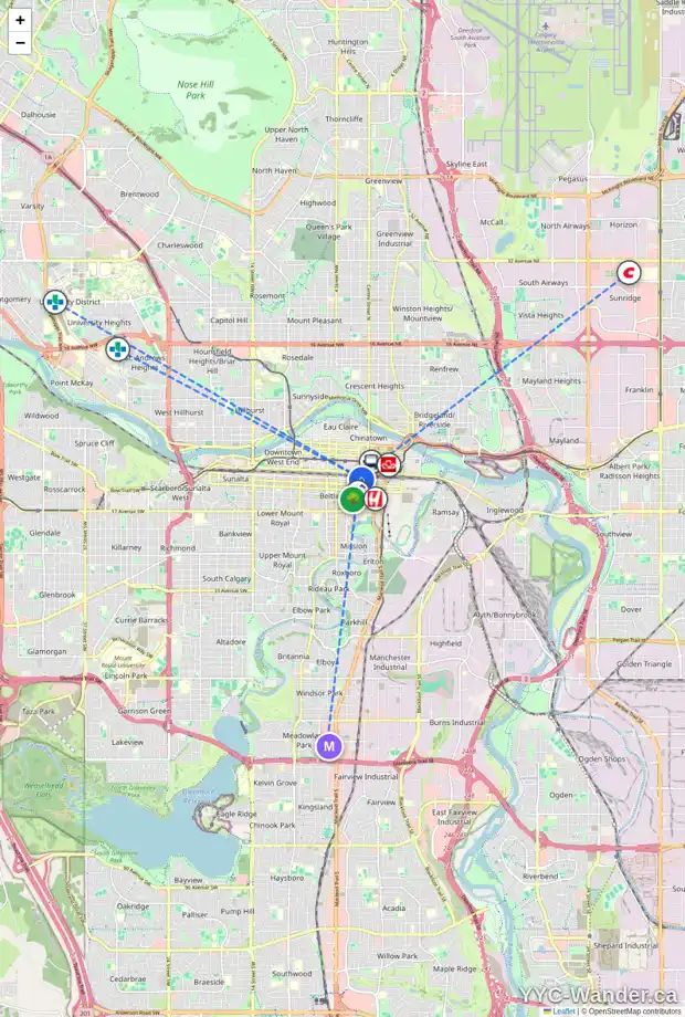Daily accessibility map for 140 10 AV SW, Calgary showing nearby schools, grocery stores, parks, LRT stations and nearby amenities
