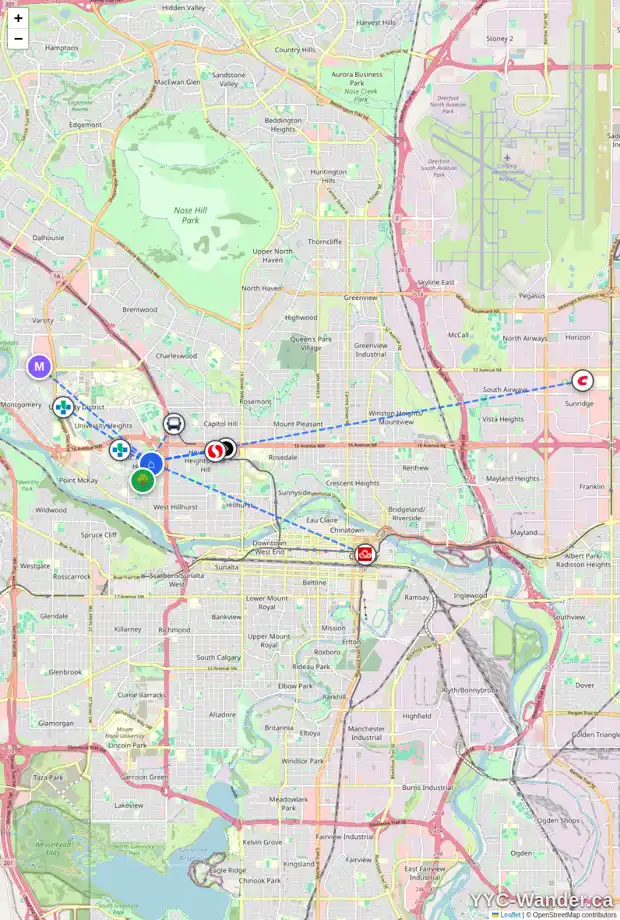 Daily accessibility map for 1407 WINDSOR ST NW, Calgary showing nearby schools, grocery stores, parks, LRT stations and nearby amenities
