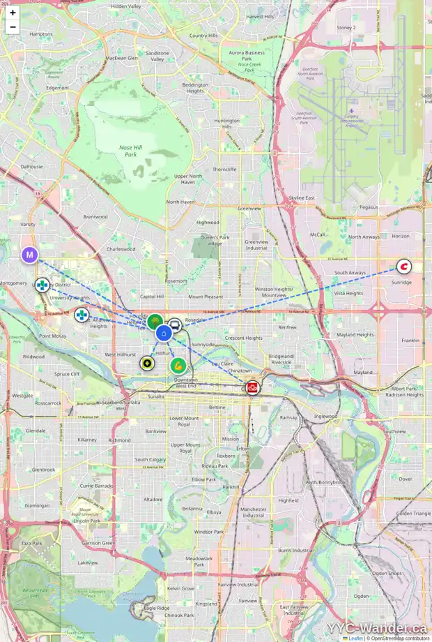 Daily accessibility map for 1604 10 AV NW, Calgary showing nearby schools, grocery stores, parks, LRT stations and nearby amenities