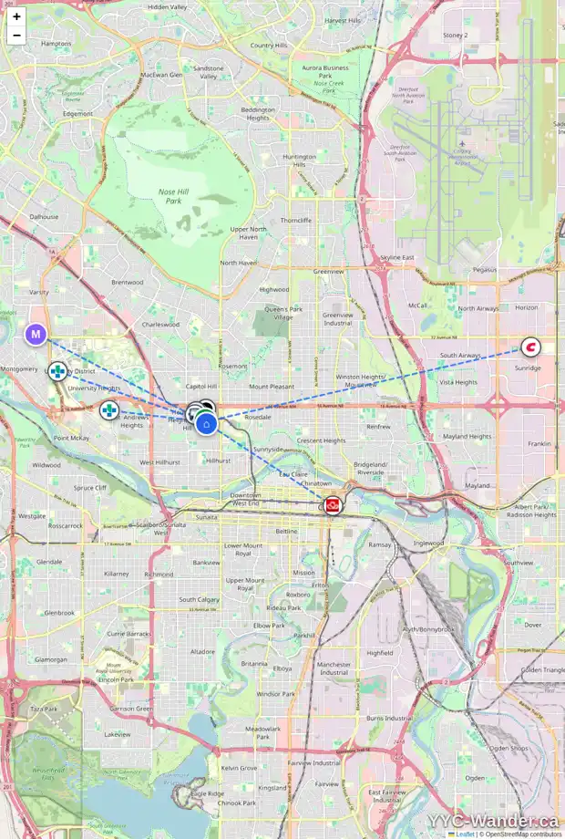 Daily accessibility map for 1704 12 AV NW, Calgary showing nearby schools, grocery stores, parks, LRT stations and nearby amenities