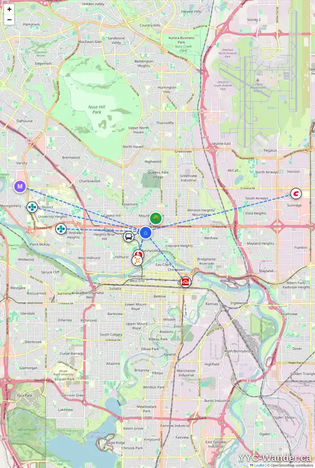 Daily accessibility map for 1429 8 ST NW, Calgary showing nearby schools, grocery stores, parks, LRT stations and nearby amenities