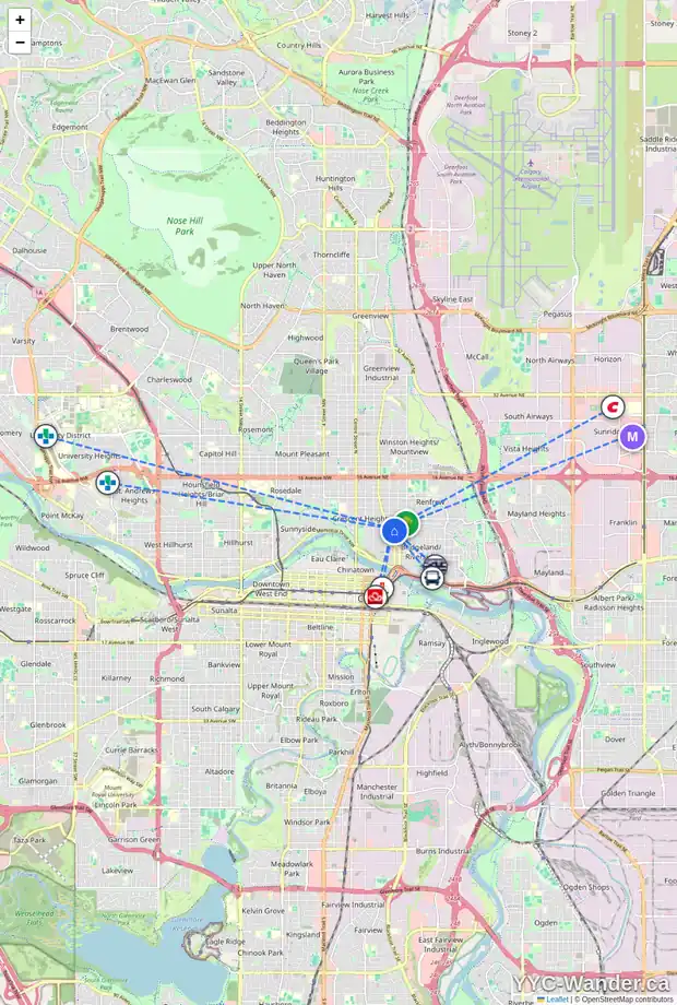 Daily accessibility map for 401 717 4A ST NE, Calgary showing nearby schools, grocery stores, parks, LRT stations and nearby amenities