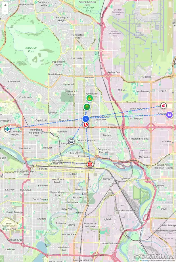 Daily accessibility map for 12 113 22 AV NE, Calgary showing nearby schools, grocery stores, parks, LRT stations and nearby amenities