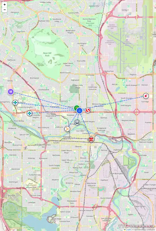 Daily accessibility map for 1811 4 ST NW, Calgary showing nearby schools, grocery stores, parks, LRT stations and nearby amenities