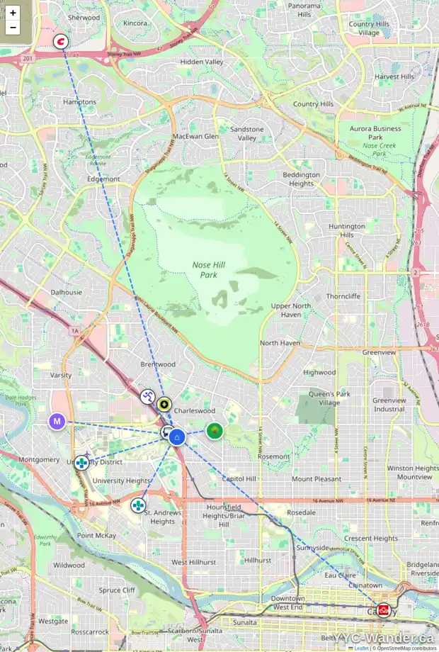 Daily accessibility map for 3432 EXSHAW RD NW, Calgary showing nearby schools, grocery stores, parks, LRT stations and nearby amenities