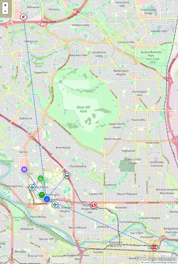 Daily accessibility map for 2012 URALTA RD NW, Calgary showing nearby schools, grocery stores, parks, LRT stations and nearby amenities
