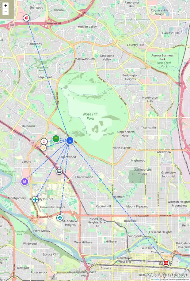 Daily accessibility map for 3132 CONRAD DR NW, Calgary showing nearby schools, grocery stores, parks, LRT stations and nearby amenities