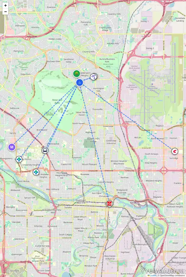 Daily accessibility map for 1486 HUNTERBROOK RD NW, Calgary showing nearby schools, grocery stores, parks, LRT stations and nearby amenities