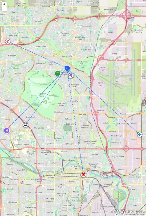 Daily accessibility map for 79 BERNARD CO NW, Calgary showing nearby schools, grocery stores, parks, LRT stations and nearby amenities