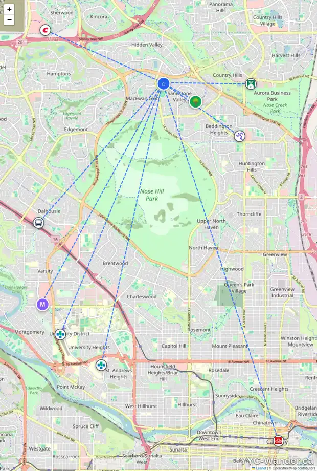 Daily accessibility map for 47 SANDALWOOD HT NW, Calgary showing nearby schools, grocery stores, parks, LRT stations and nearby amenities