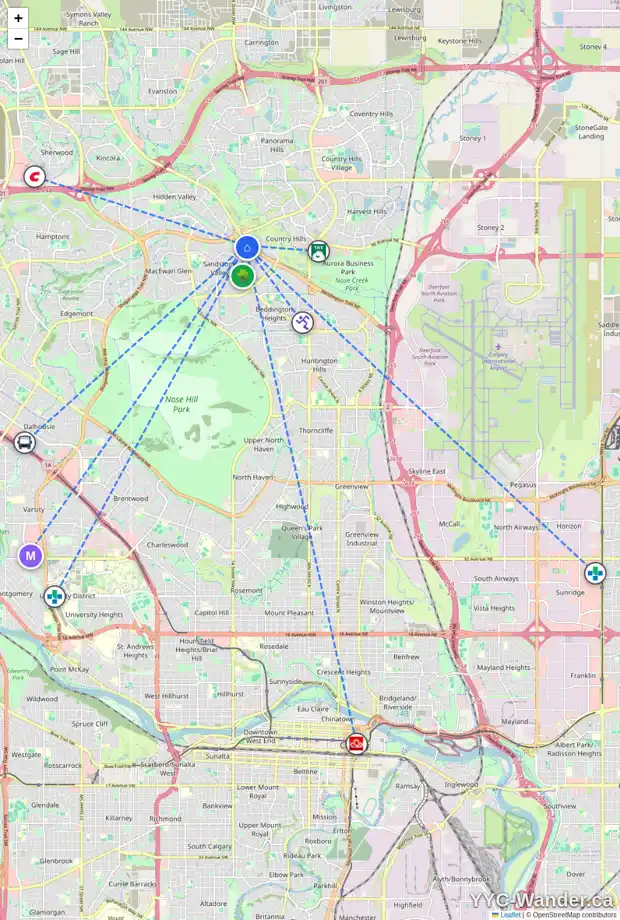 Daily accessibility map for 50 SANDERLING RD NW, Calgary showing nearby schools, grocery stores, parks, LRT stations and nearby amenities