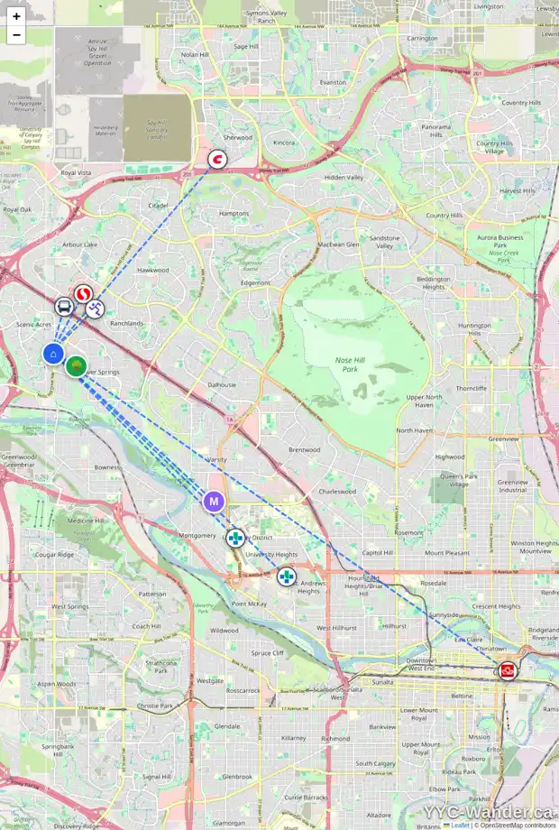 Daily accessibility map for 4 SCENIC GLEN GA NW, Calgary showing nearby schools, grocery stores, parks, LRT stations and nearby amenities